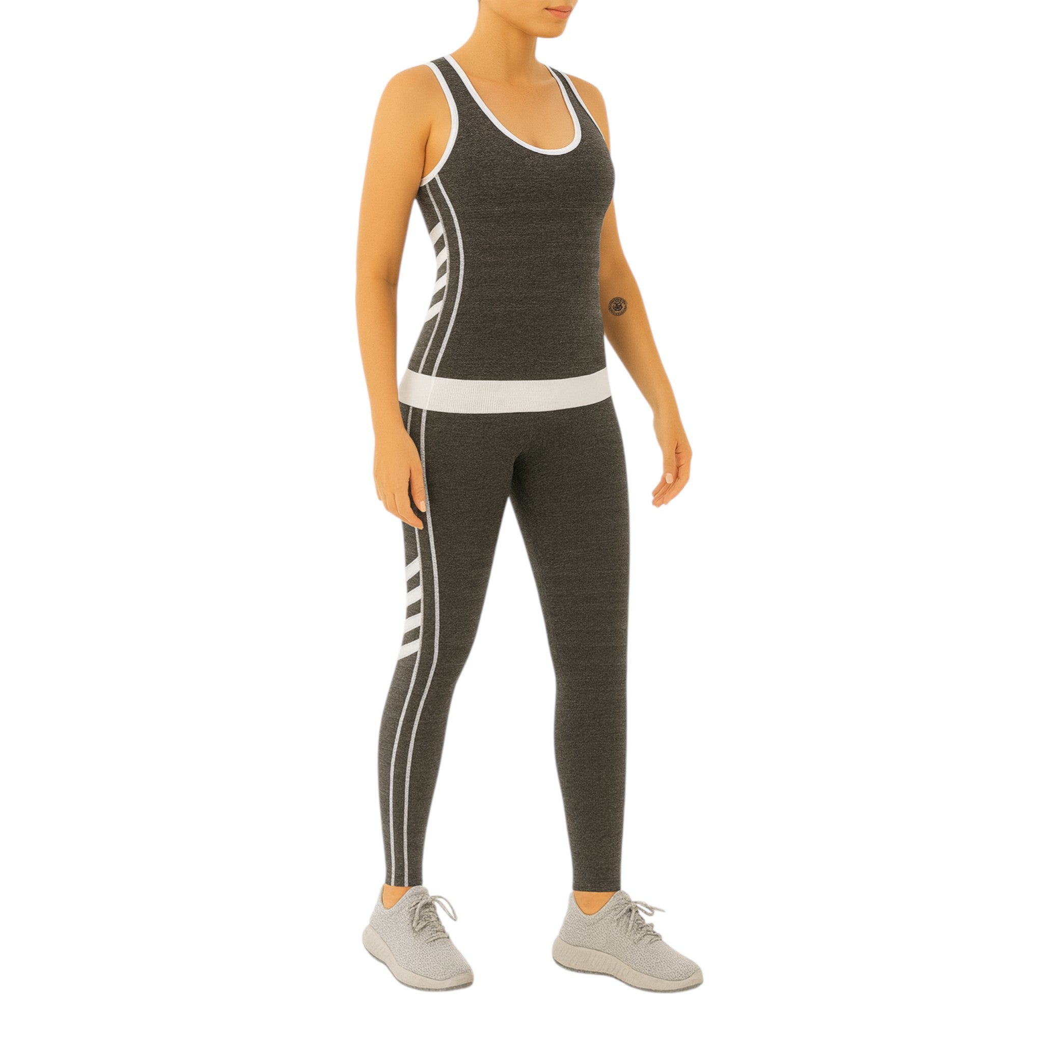 Women's seamless grey and white gym leggings and tank top activewear gymwear set with stripe detailing.